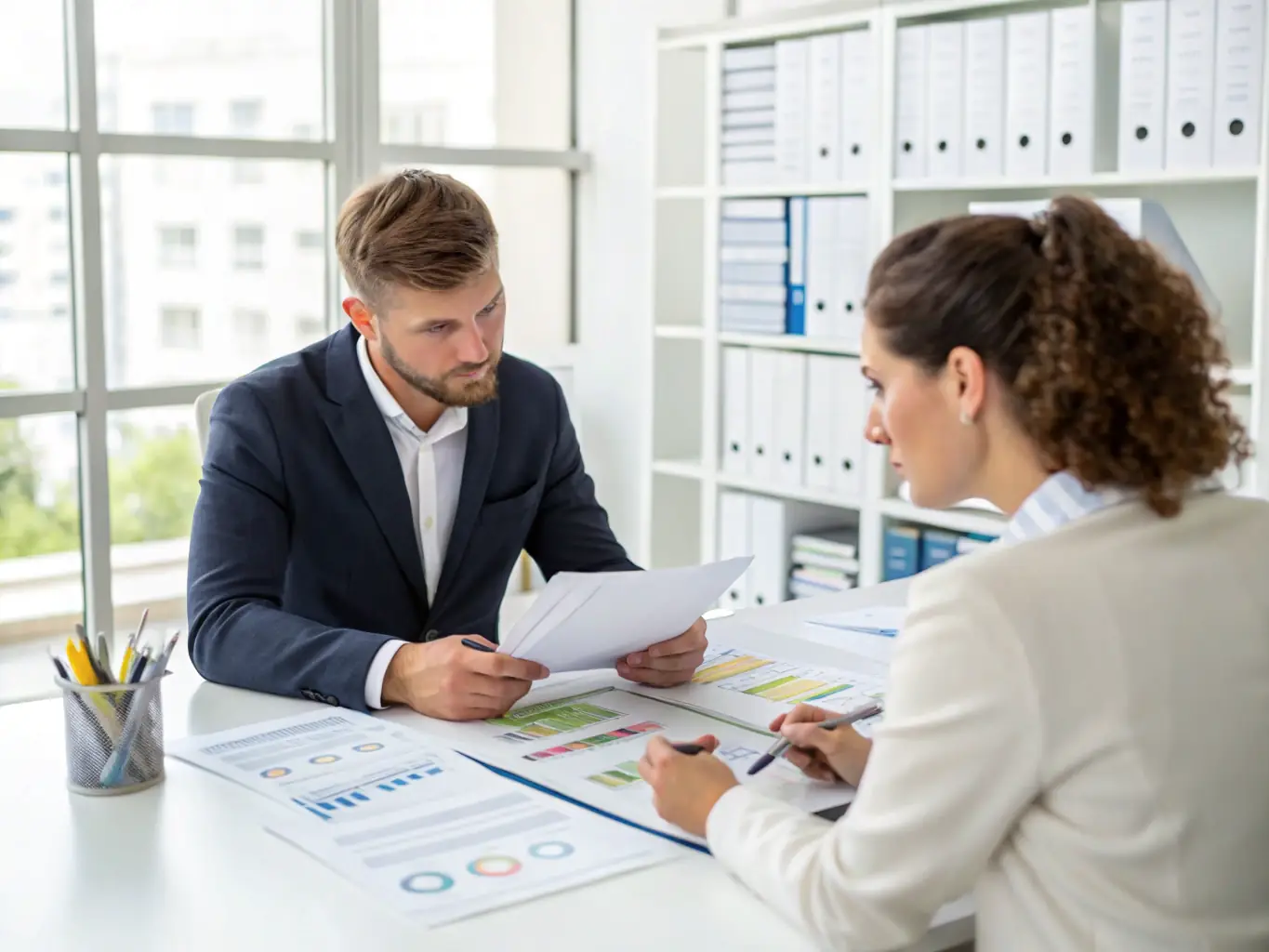 An image depicting a consultant brainstorming with a client, surrounded by charts and graphs. The image should convey a sense of strategy, collaboration, and data-driven decision-making.