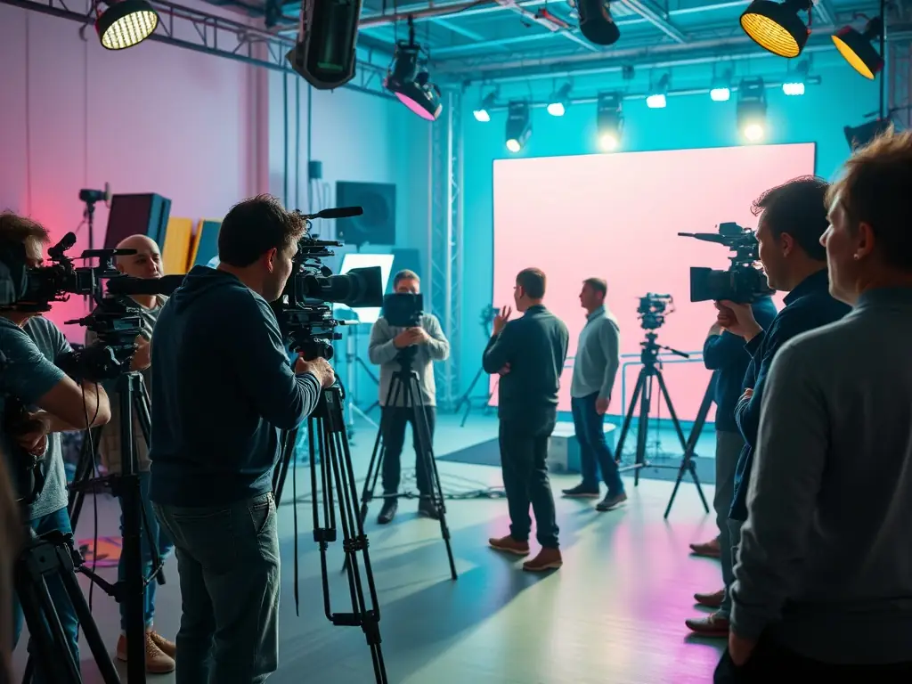 A dynamic image featuring a behind-the-scenes video shoot, with professional equipment and a creative team in action. The image should convey a sense of professionalism, creativity, and storytelling.